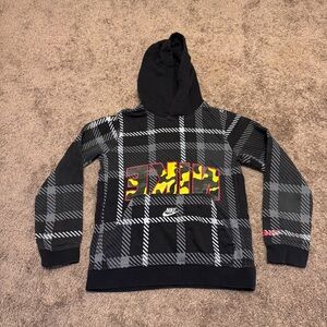 Nike Hoodie Youth Boys Medium Black Plaid Pullover Long Sleeve Pockets Logo
